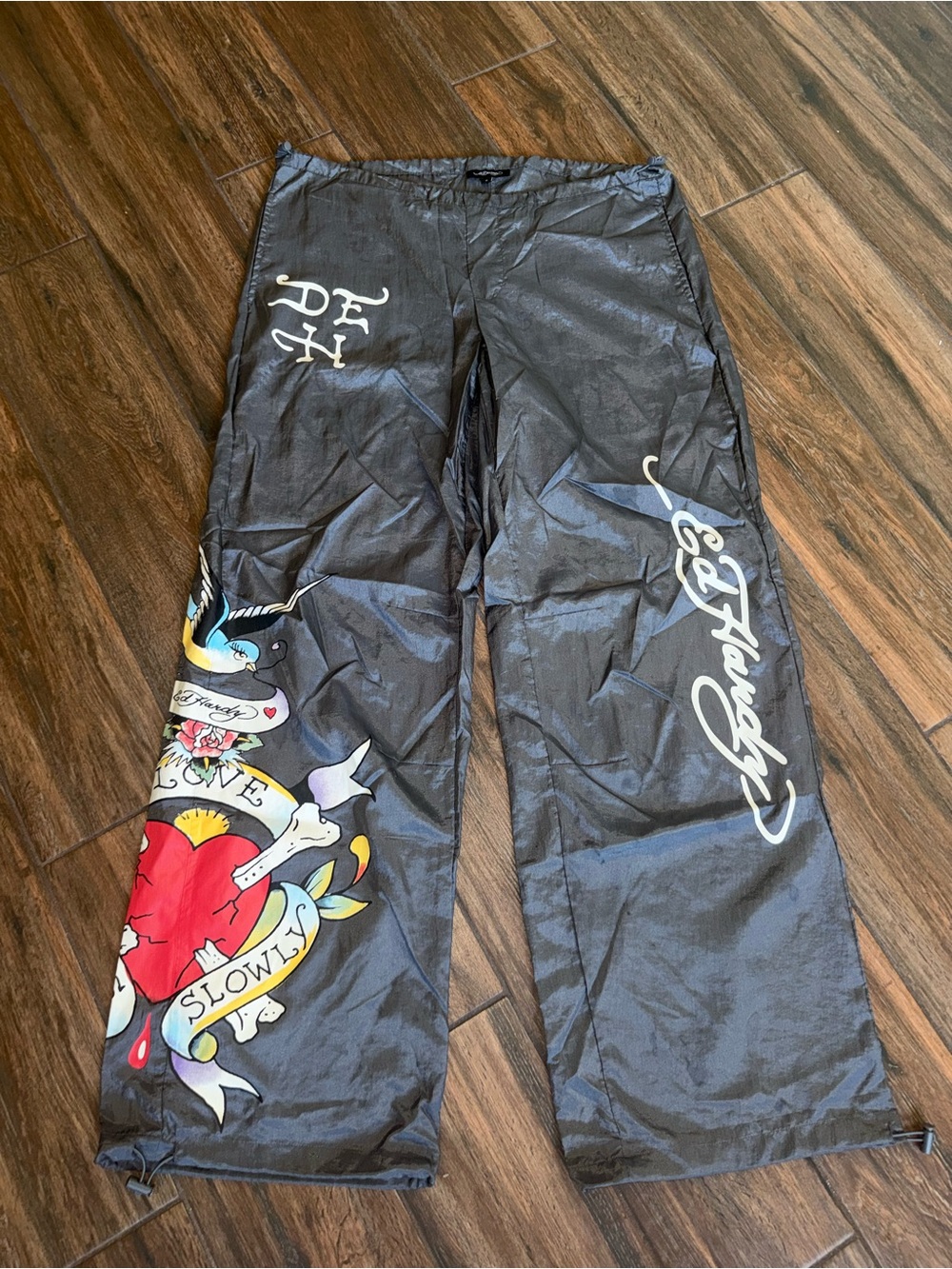 Ed Hardy Black Wide Leg Pants with Red Heart Tattoo Graphic